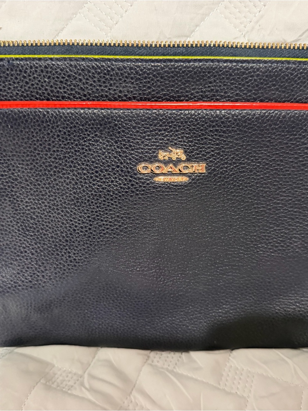Coach Men’s Navy Leather Toiletry Pouch with Red and Lime Trim